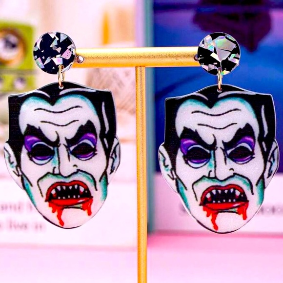 SALE Iridescent Glitter Dracula Vampire Monster Acrylic Earrings - Picture 1 of 3